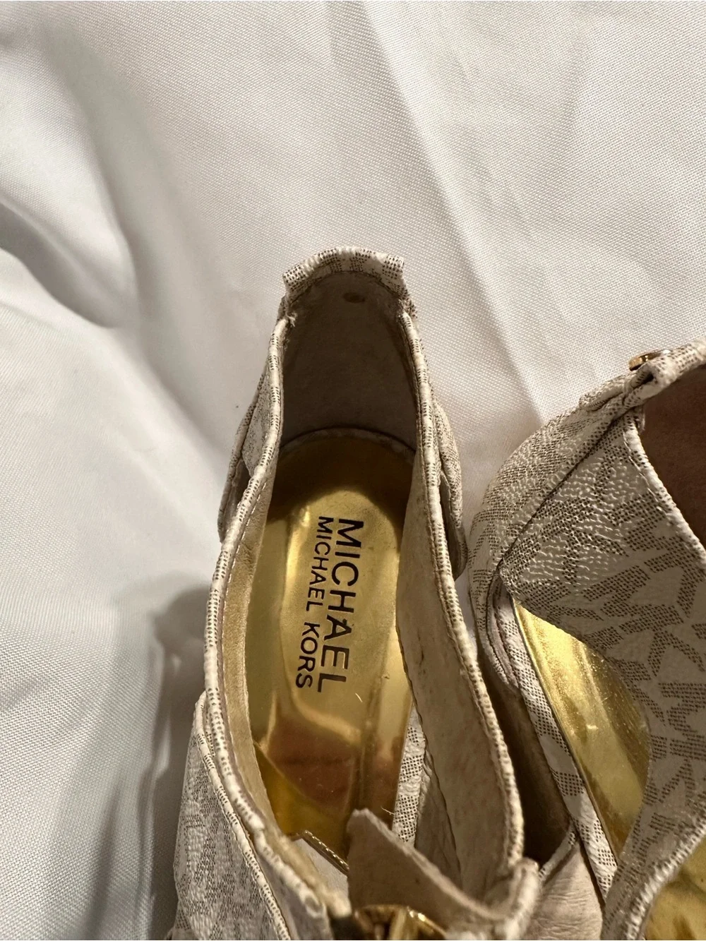 Michael Kors Beige Logo Espadrille Wedge Sandals with Front Zip